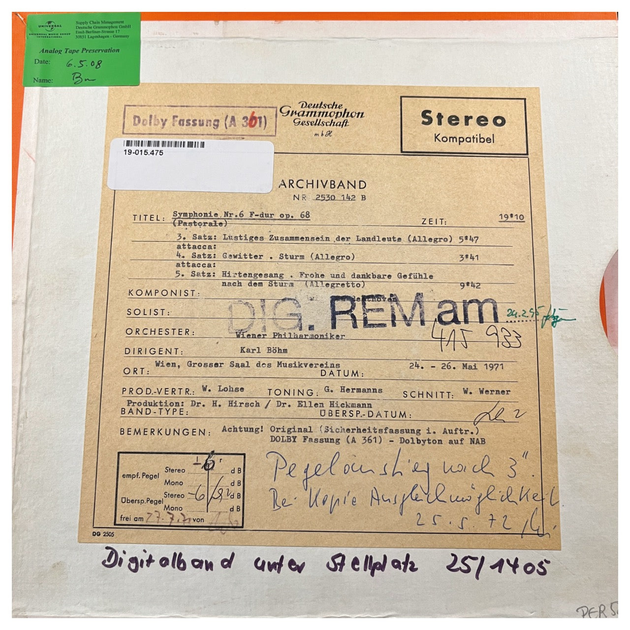 Revox Master Tape, KARL BÖHM & WIENER PHILHARMONIKER - BEETHOVEN: SINFONIE NR. 6