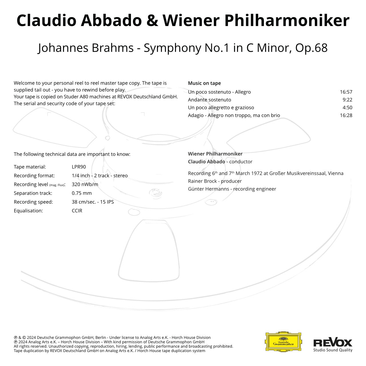 Revox Master Tape, CLAUDIO ABBADO & WIENER PHILHARMONIKER - BRAHMS: SINFONIE NR. 1