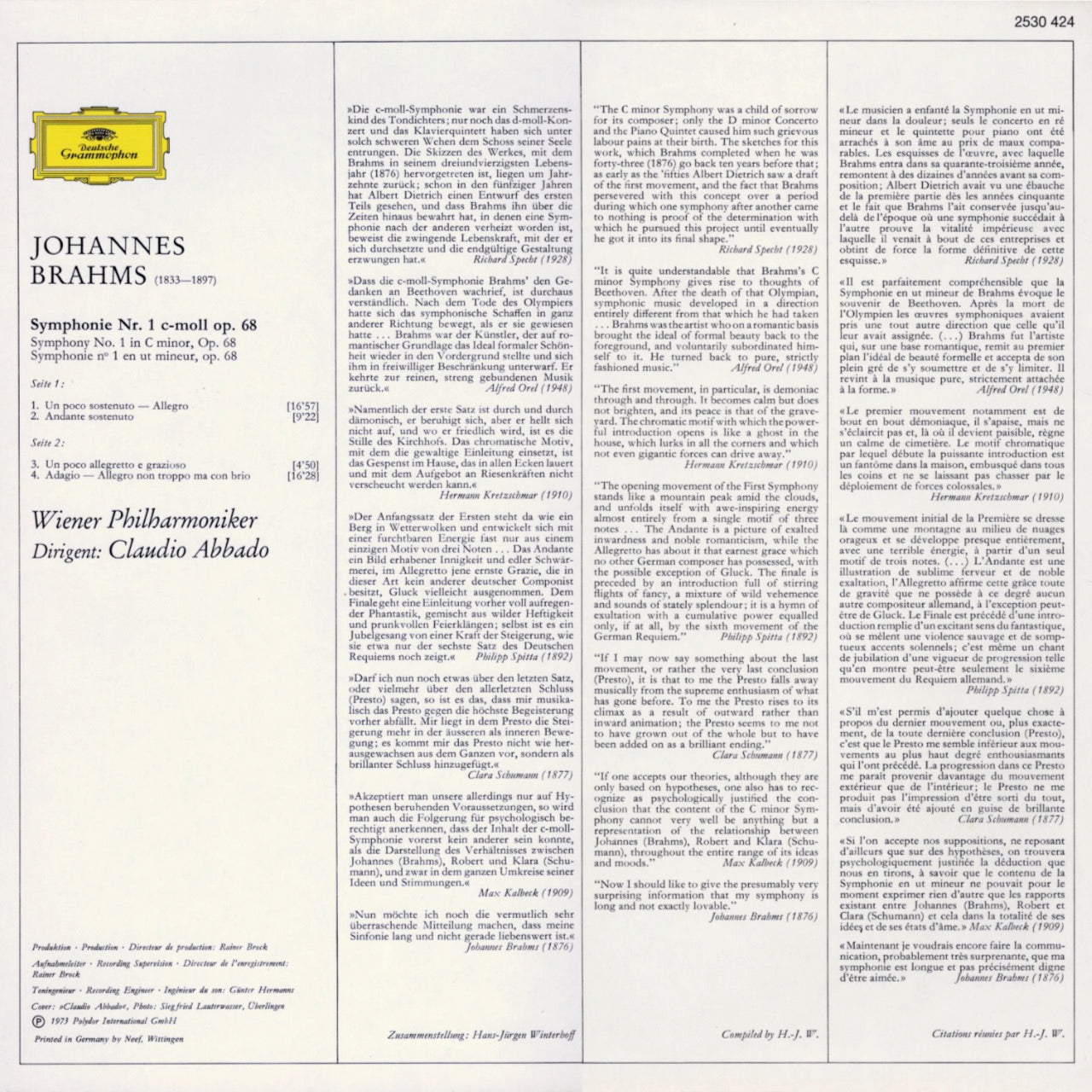 Revox Master Tape, CLAUDIO ABBADO & WIENER PHILHARMONIKER - BRAHMS: SINFONIE NR. 1