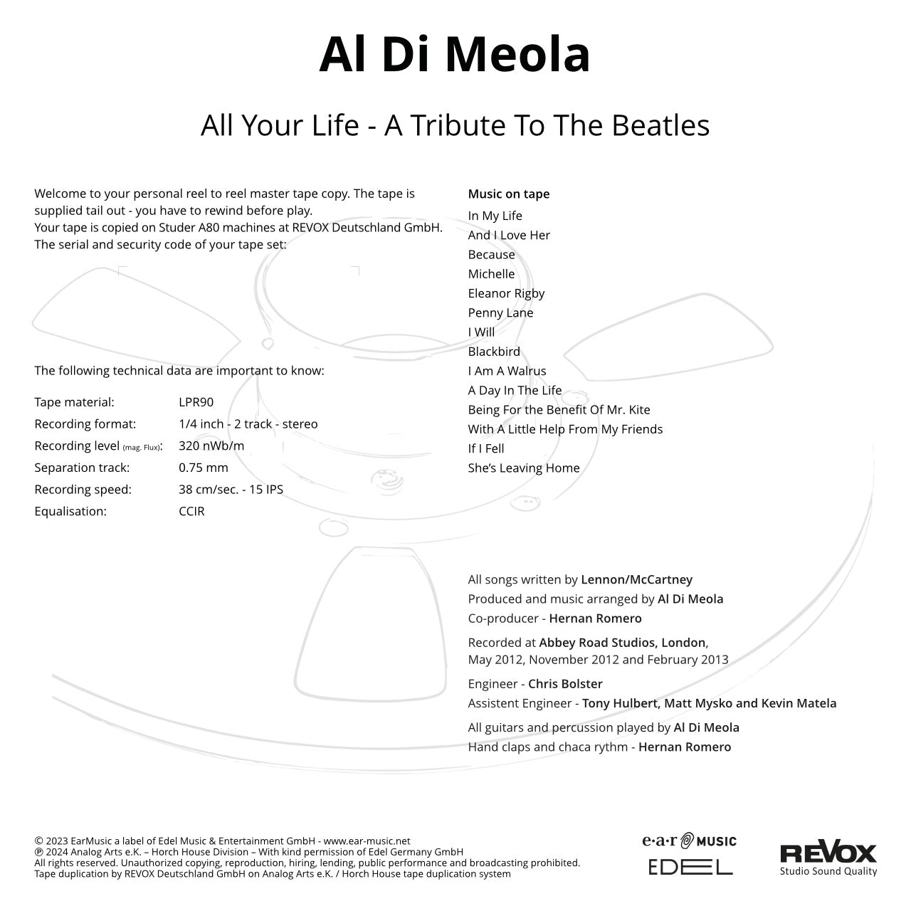 Revox Master Tape, AL DI MEOLA - ALL YOUR LIVE: A TRIBUTE TO THE BEATLES