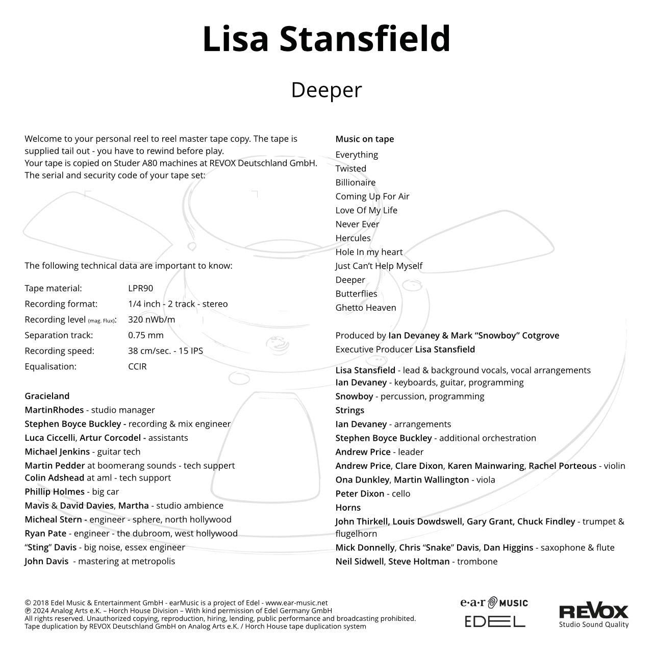 Revox Master Tape, LISA STANSFIELD - DEEPER