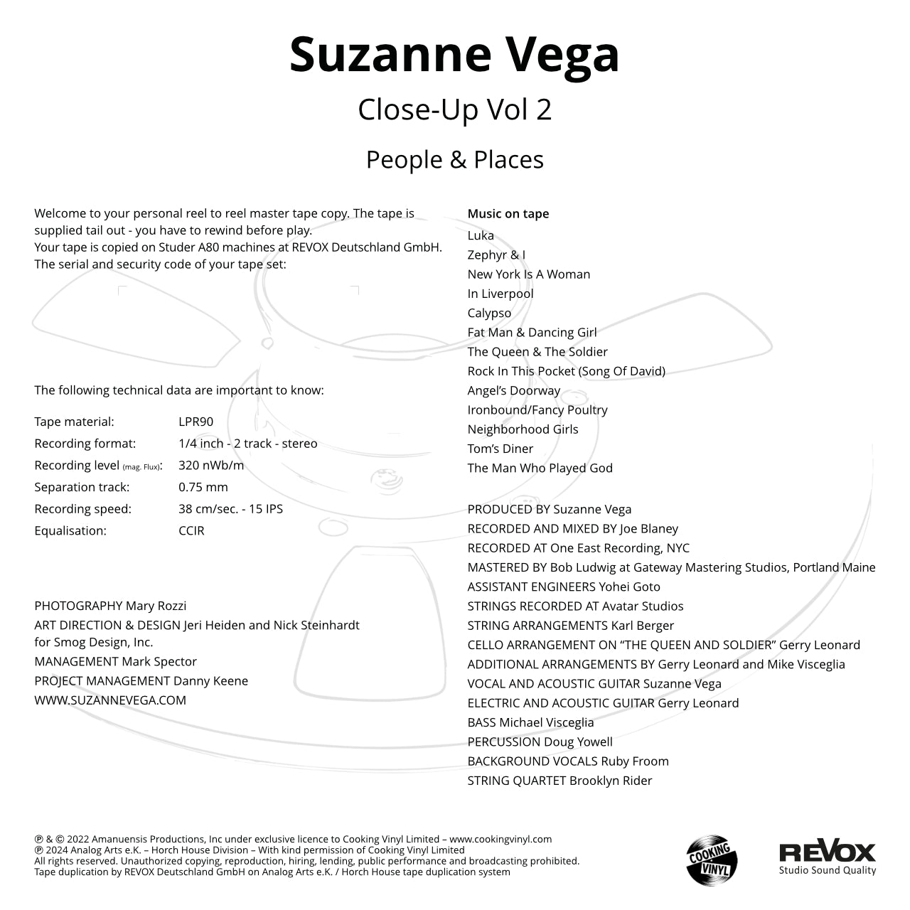 Revox Master Tape, SUZANNE VEGA - CLOSE-UP VOL. 2 - PEOPLE & PLACES (ACOUSTIC)