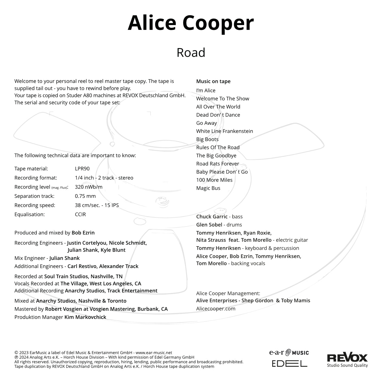 Revox Master Tape, ALICE COOPER - ROAD