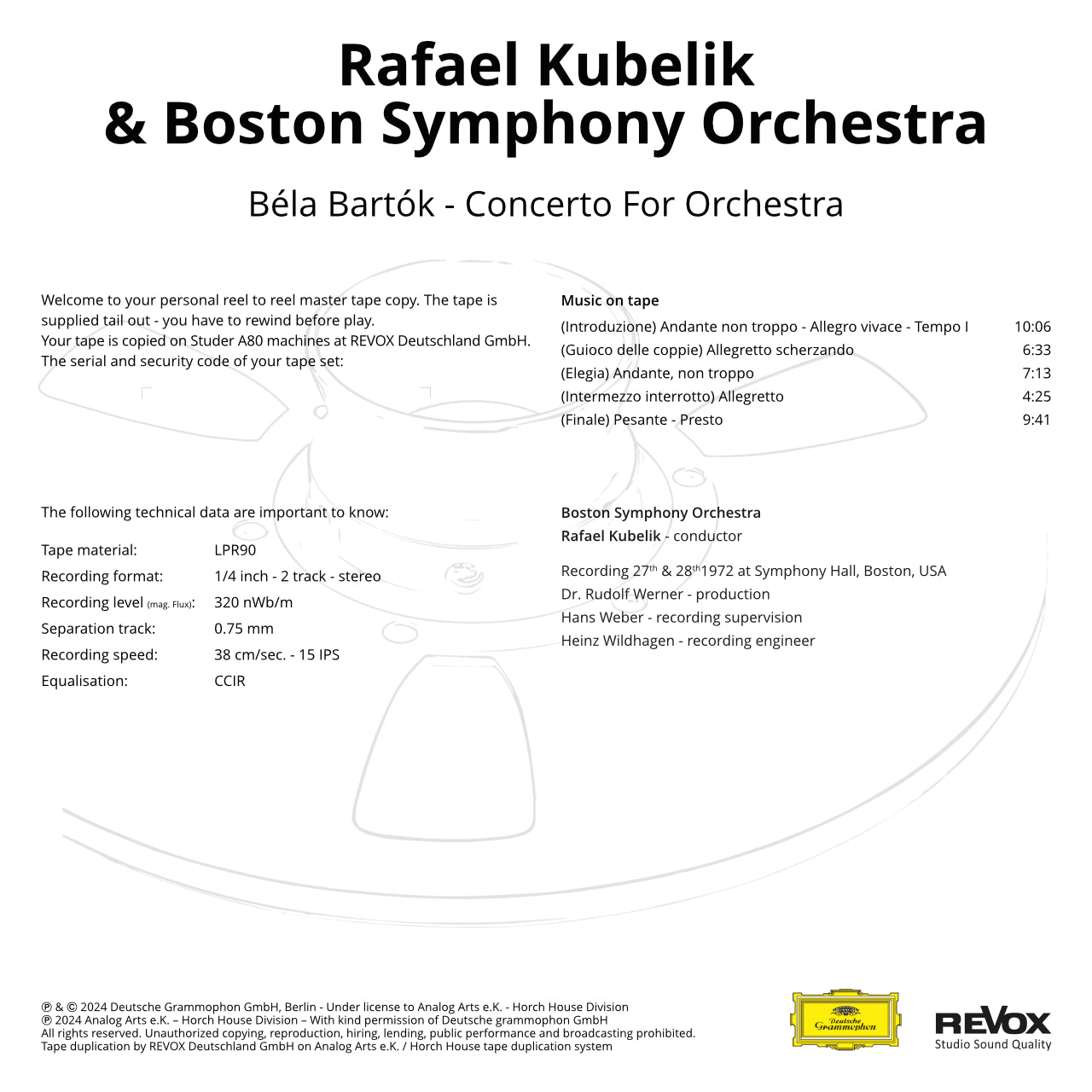 Revox Master Tape, RAFAEL KUBELIK & BOSTON SYMPHONY ORCHESTRA - BARTÓK: CONCERTO FOR ORCHESTRA