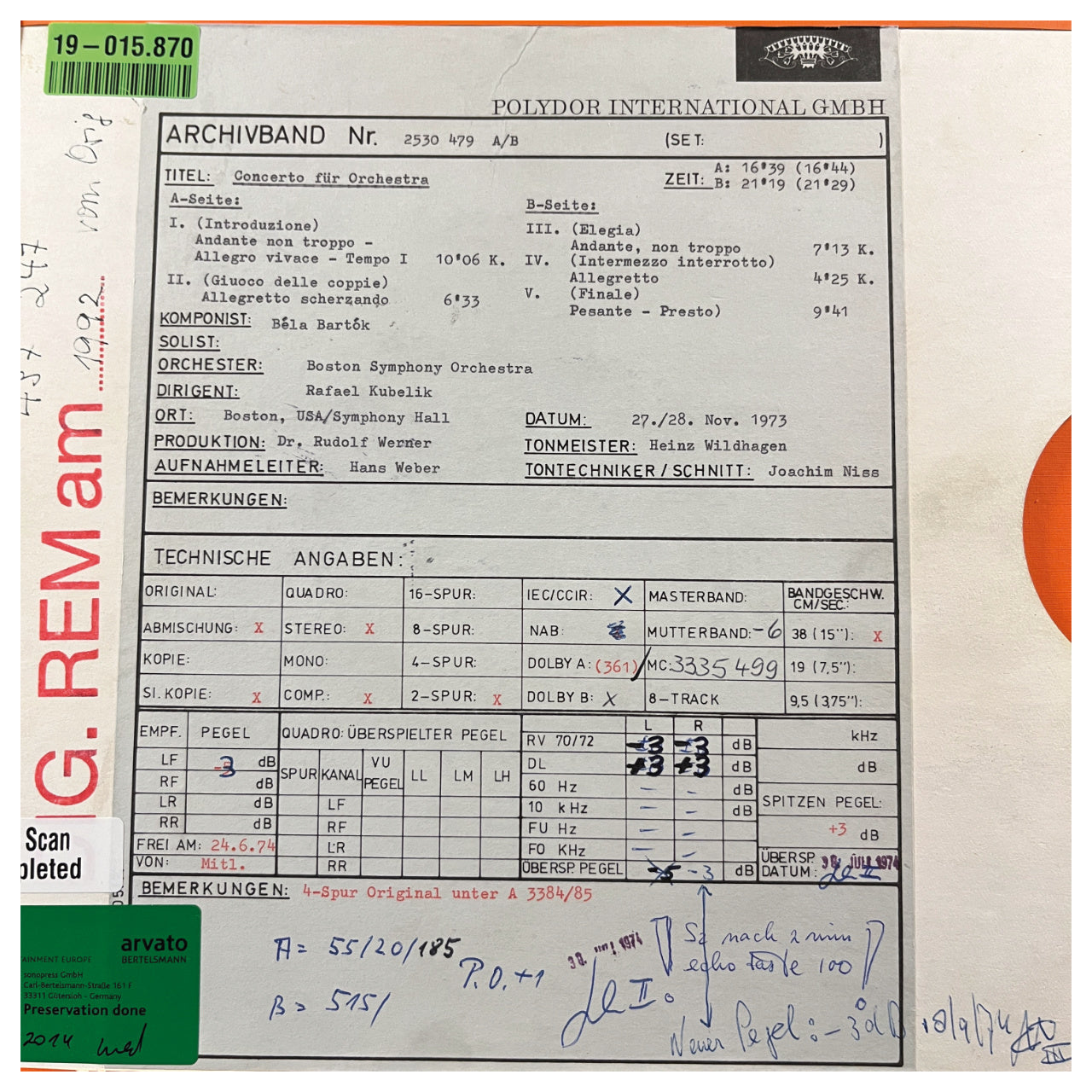 Revox Master Tape, RAFAEL KUBELIK & BOSTON SYMPHONY ORCHESTRA - BARTÓK: CONCERTO FOR ORCHESTRA