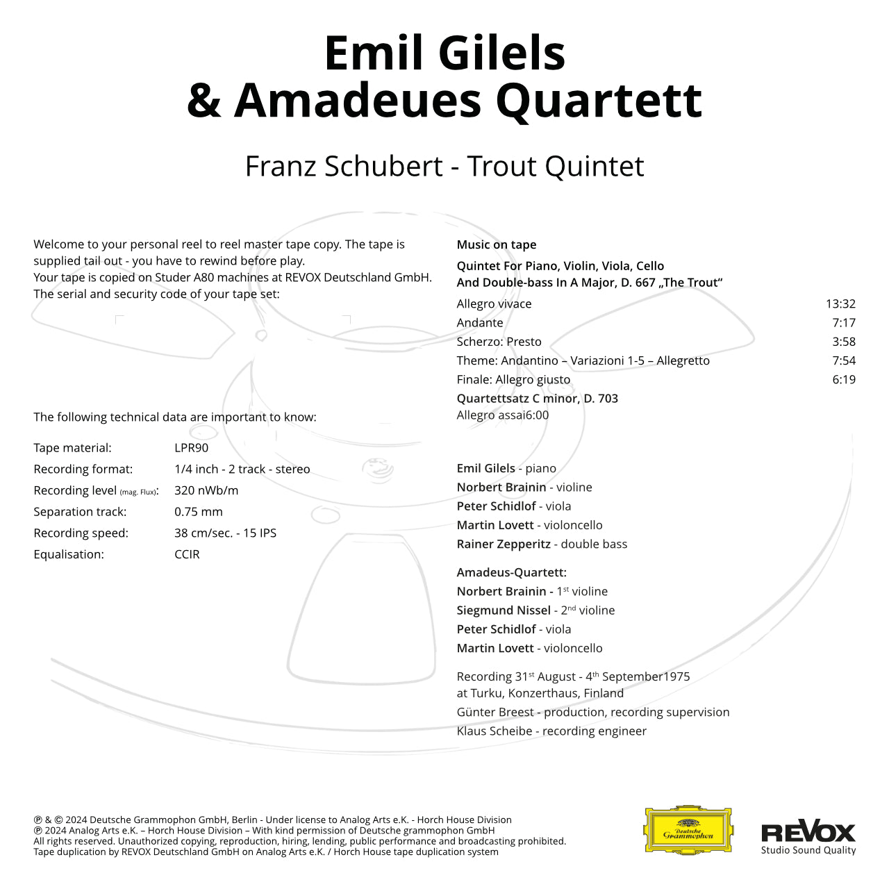 Revox Master Tape, GILELS - AMADEUS QUARTETT, ZEPPERITZ - SCHUBERT: TROUT QUINTET