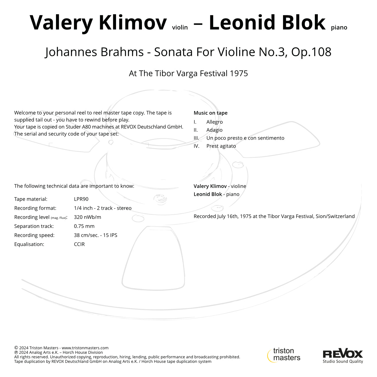 Revox Master Tape, VALERY KLIMOV, LEONID BLOCK - BRAHMS: VIOLIN SONATA NO. 3