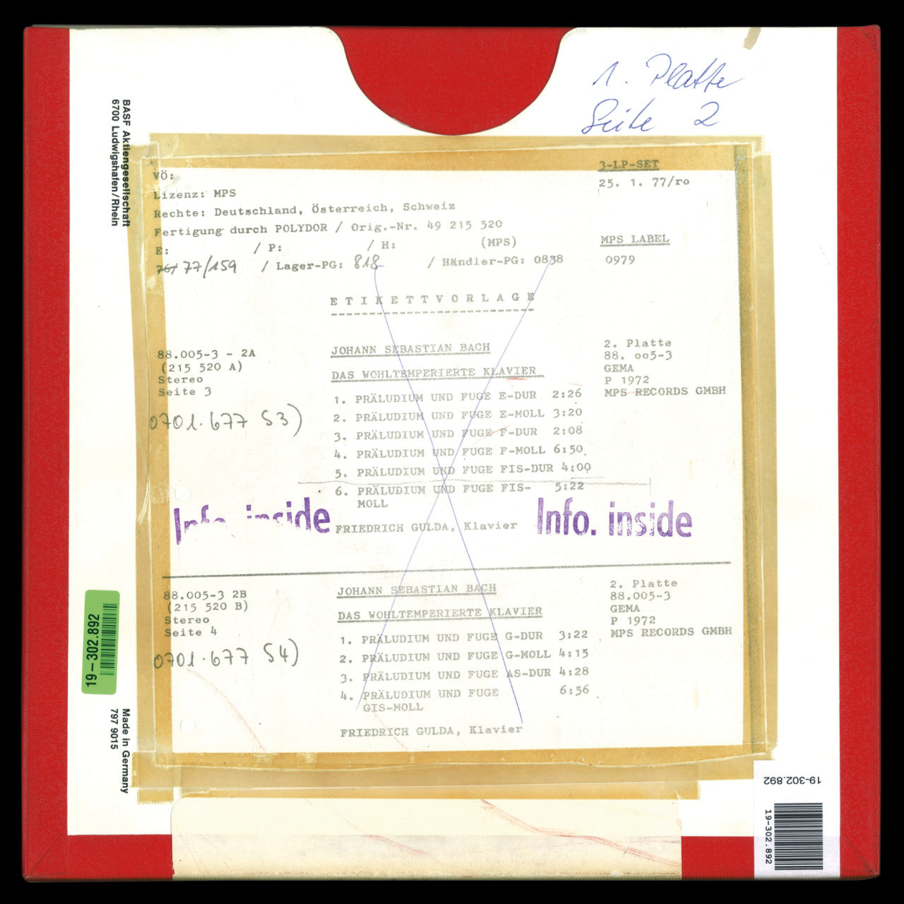 Revox Master Tape, FRIEDRICH GULDA - THE WELL-TEMPERED CLAVIER - PART 1/1 - TAPE 1+2