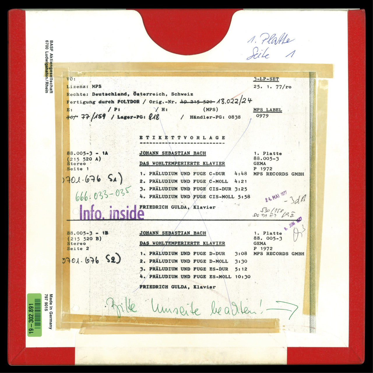 Revox Master Tape, FRIEDRICH GULDA - THE WELL-TEMPERED CLAVIER - PART 1/1 - TAPE 1+2