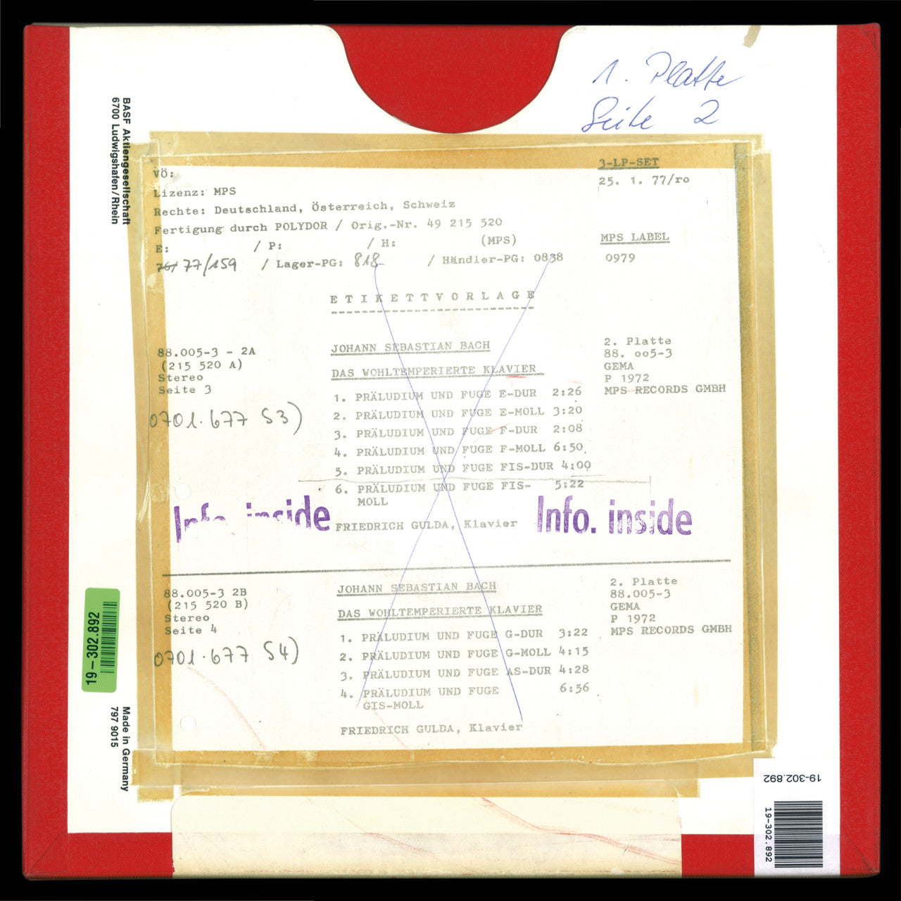 Revox Master Tape, FRIEDRICH GULDA - THE WELL-TEMPERED CLAVIER - PART 1/2 - TAPE 3+4