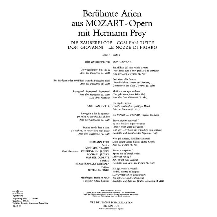 Revox Master Tape, HERMANN PREY - MOZART ARIEN: ZAUBERFLÖTE, COSI FAN TUTTE, DON GIOVANNI, LE NOZZE DI FIGARO