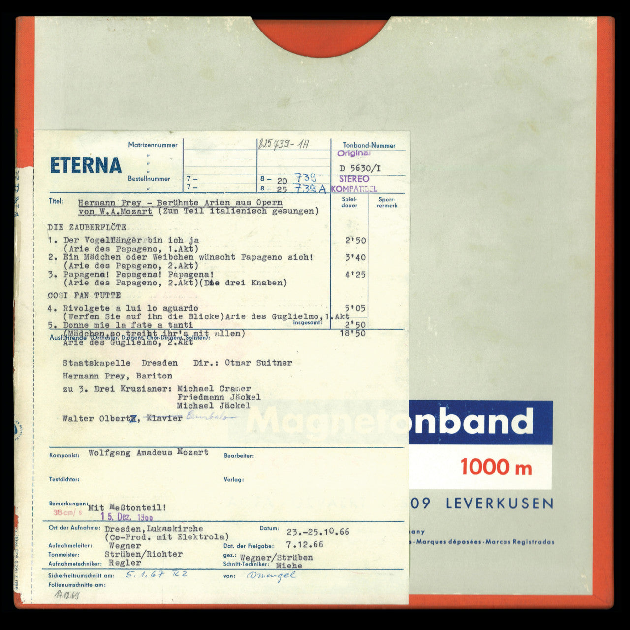 Revox Master Tape, HERMANN PREY - MOZART ARIEN: ZAUBERFLÖTE, COSI FAN TUTTE, DON GIOVANNI, LE NOZZE DI FIGARO