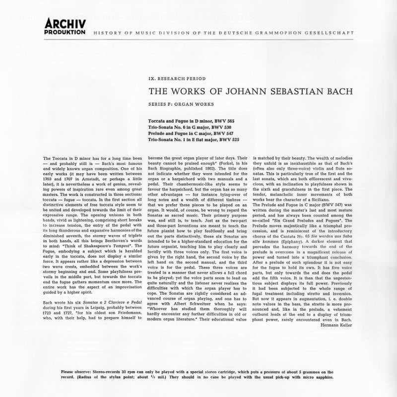 Revox Master Tape, JOHANN SEBASTIAN BACH - HELMUT WALCHA - ORGAN WORKS