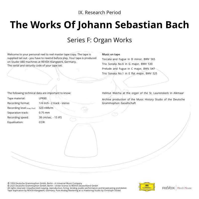 Revox Master Tape, JOHANN SEBASTIAN BACH - HELMUT WALCHA - ORGAN WORKS