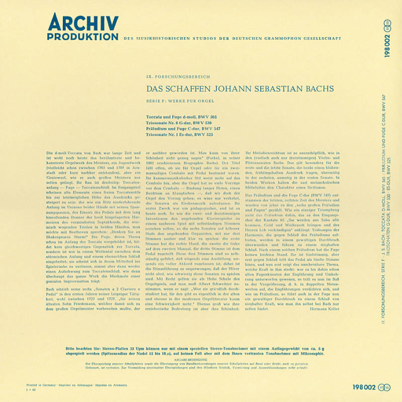 Revox Master Tape, JOHANN SEBASTIAN BACH - HELMUT WALCHA - ORGAN WORKS