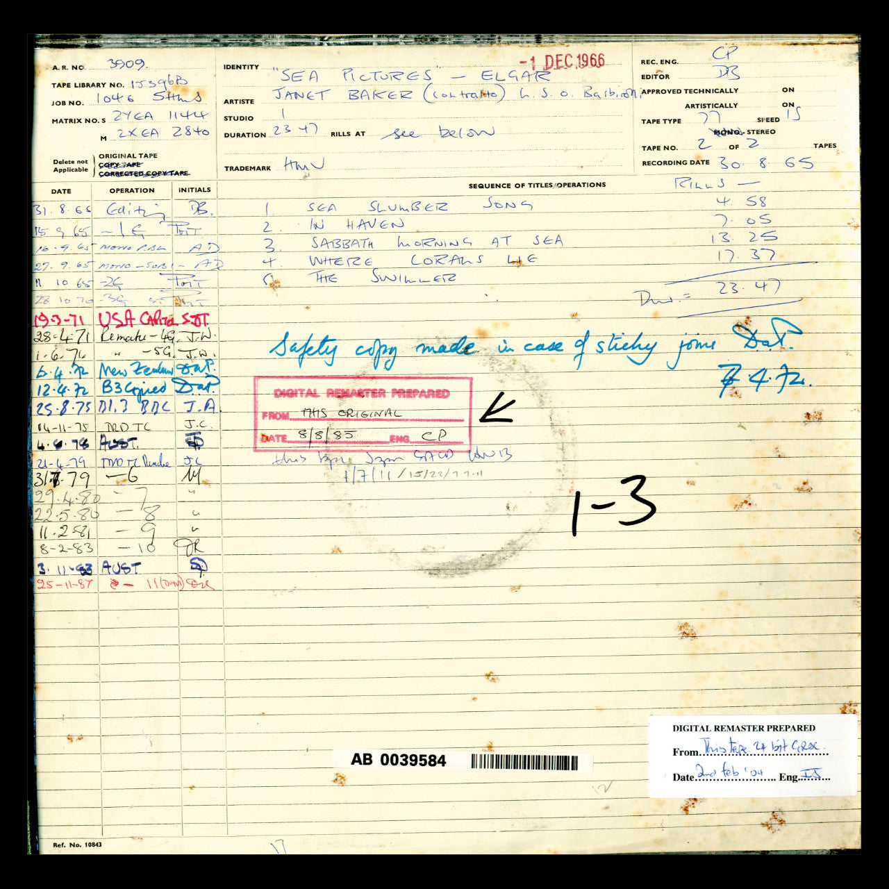 Revox Master Tape, LSO BARBIROLLI - DU PRE / ELGAR SEA PICTURES