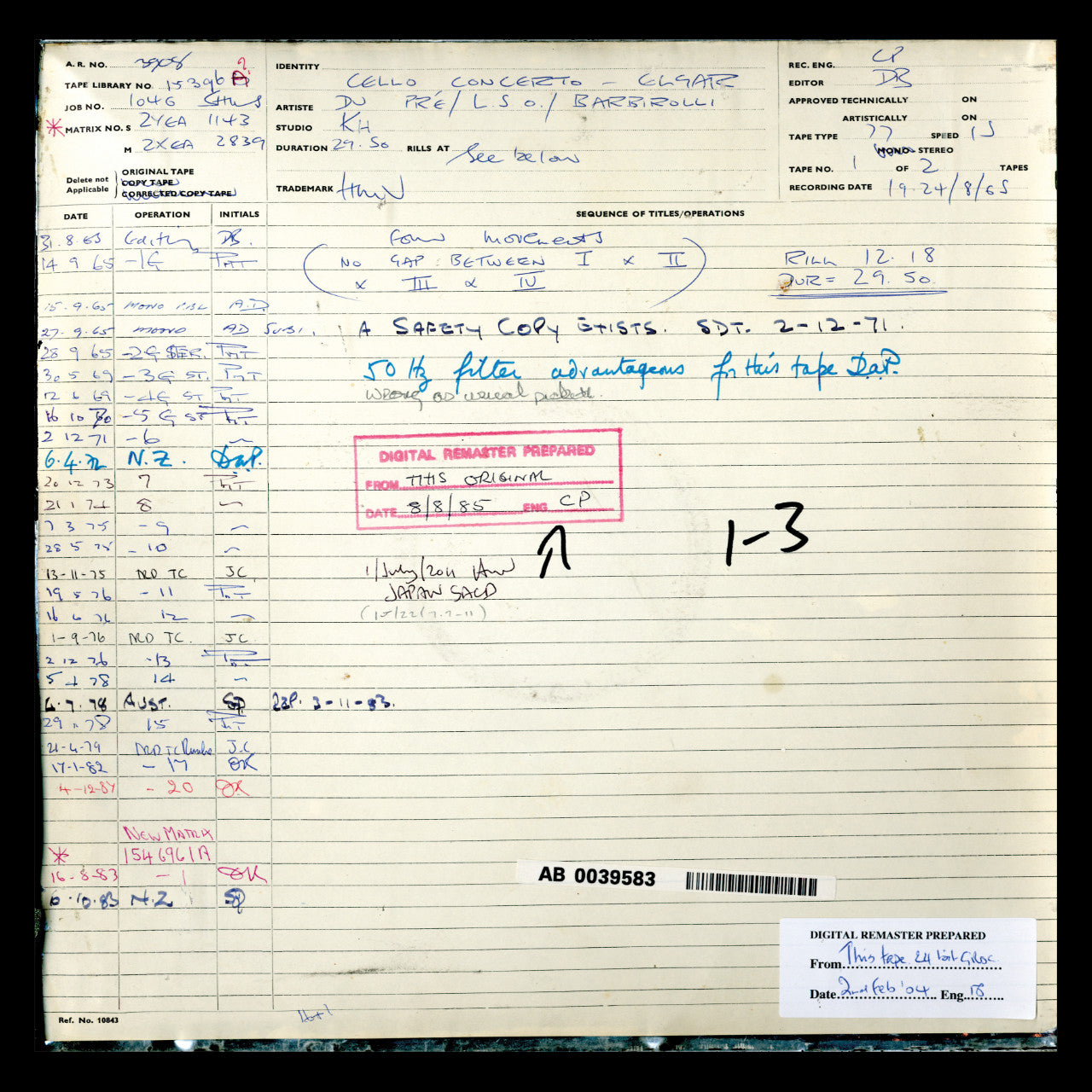 Revox Master Tape, LSO BARBIROLLI - DU PRE / ELGAR SEA PICTURES