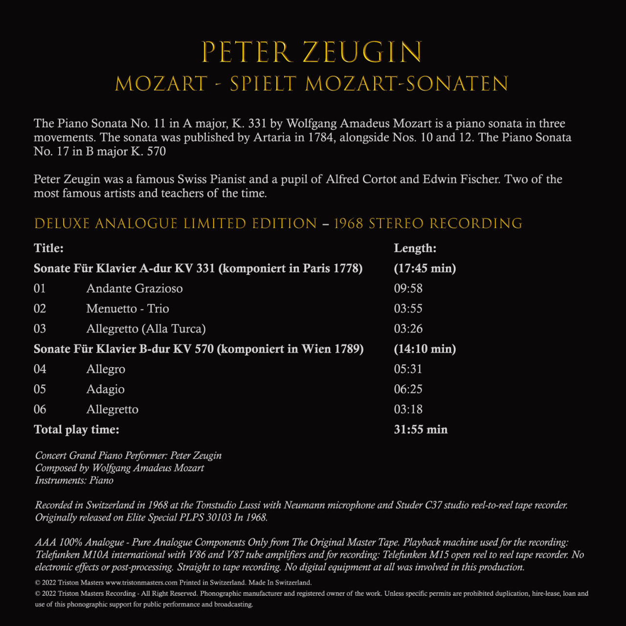 Revox Master Tape, PETER ZEUGIN - MOZART SONATAS