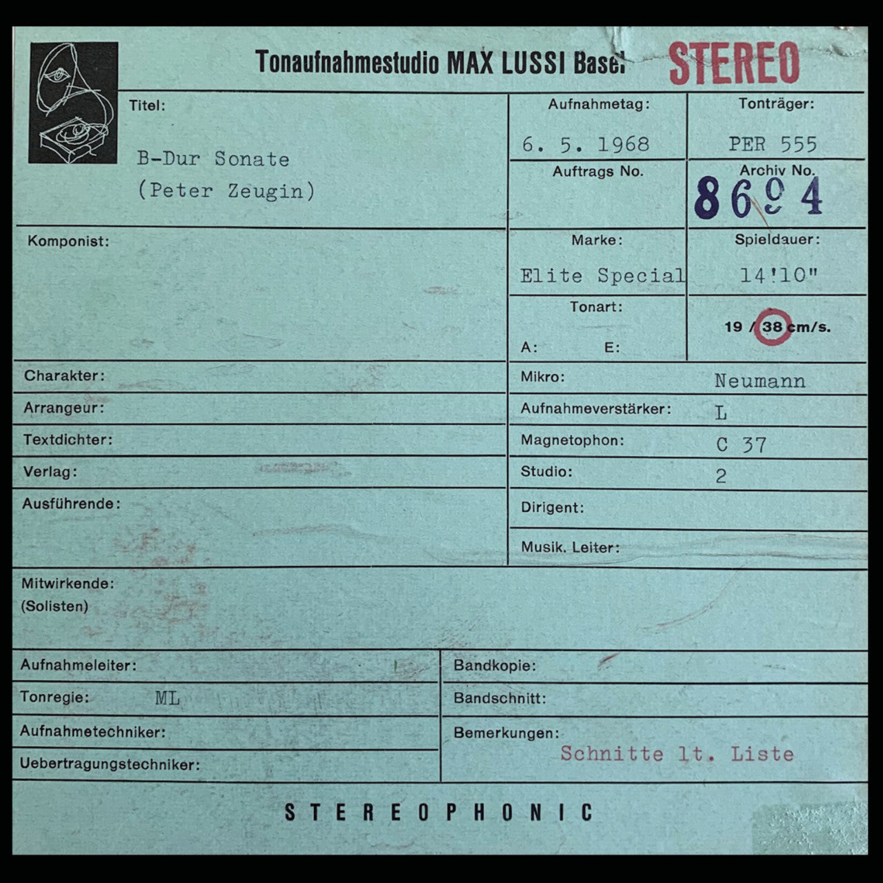 Revox Master Tape, PETER ZEUGIN - MOZART SONATAS