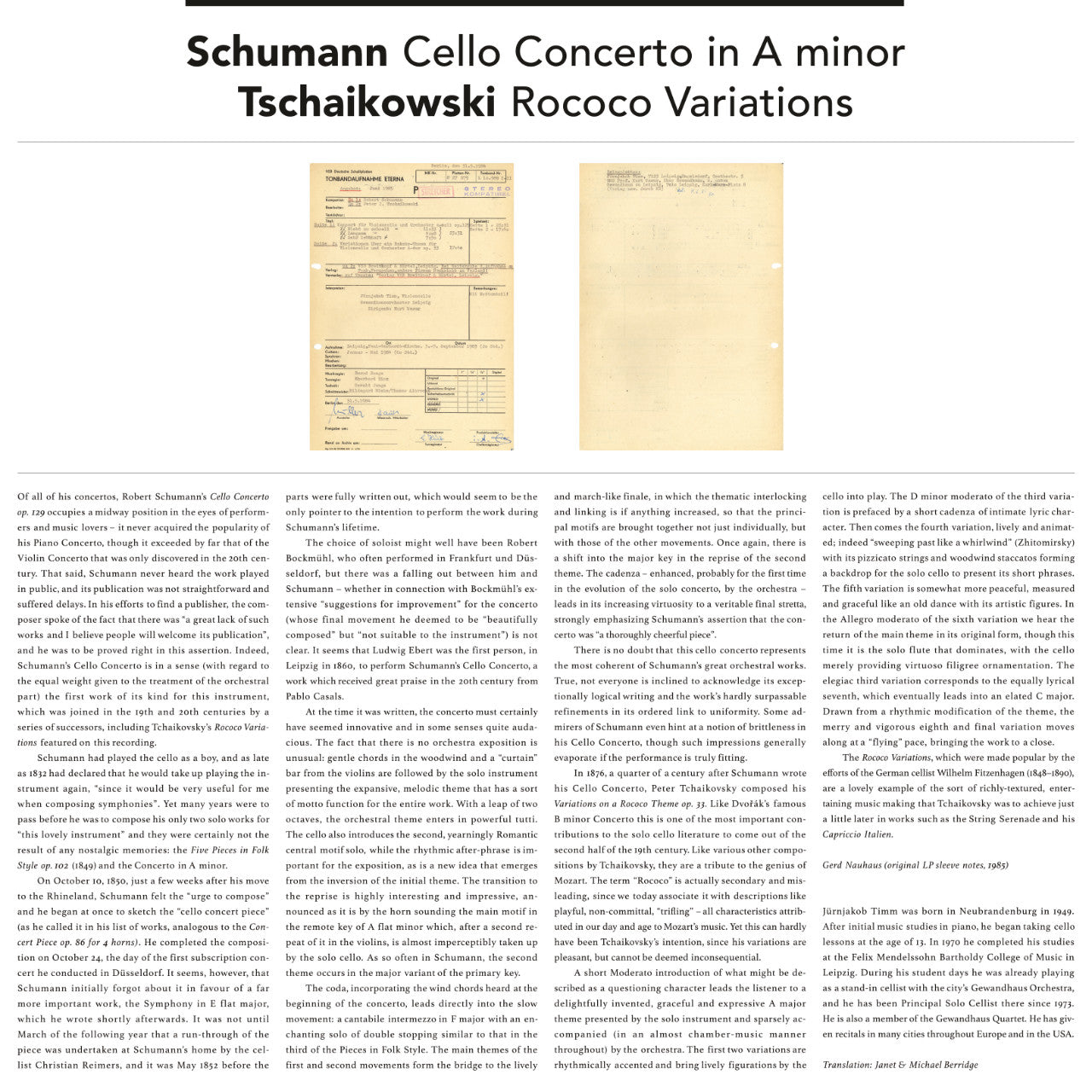 Revox Master Tape, SCHUMANN - KONZERT FÜR VIOLINCELLO/ORCHESTER / TSCHAIKOWSKI ROKOKO-VARIATIONEN