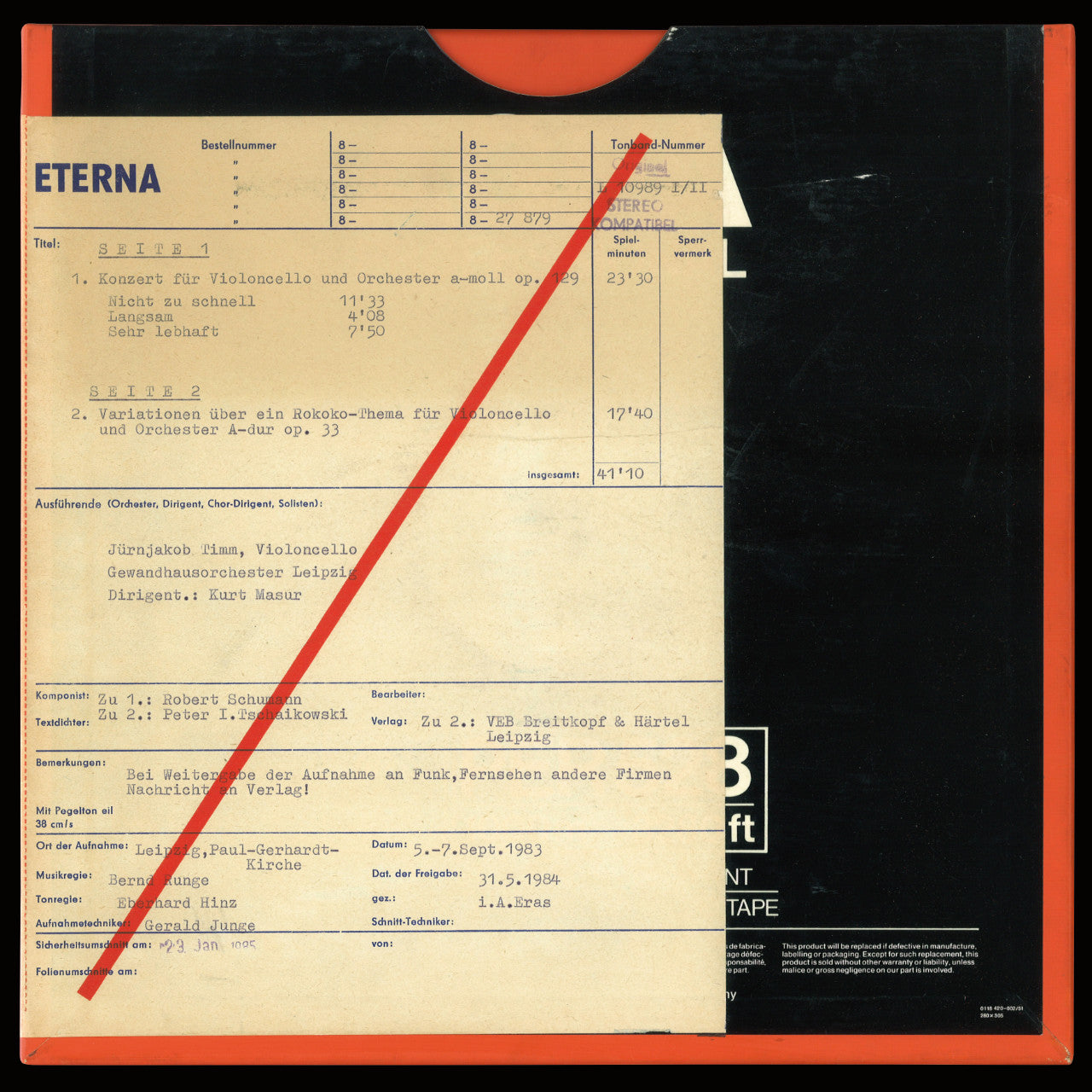 Revox Master Tape, SCHUMANN - KONZERT FÜR VIOLINCELLO/ORCHESTER / TSCHAIKOWSKI ROKOKO-VARIATIONEN