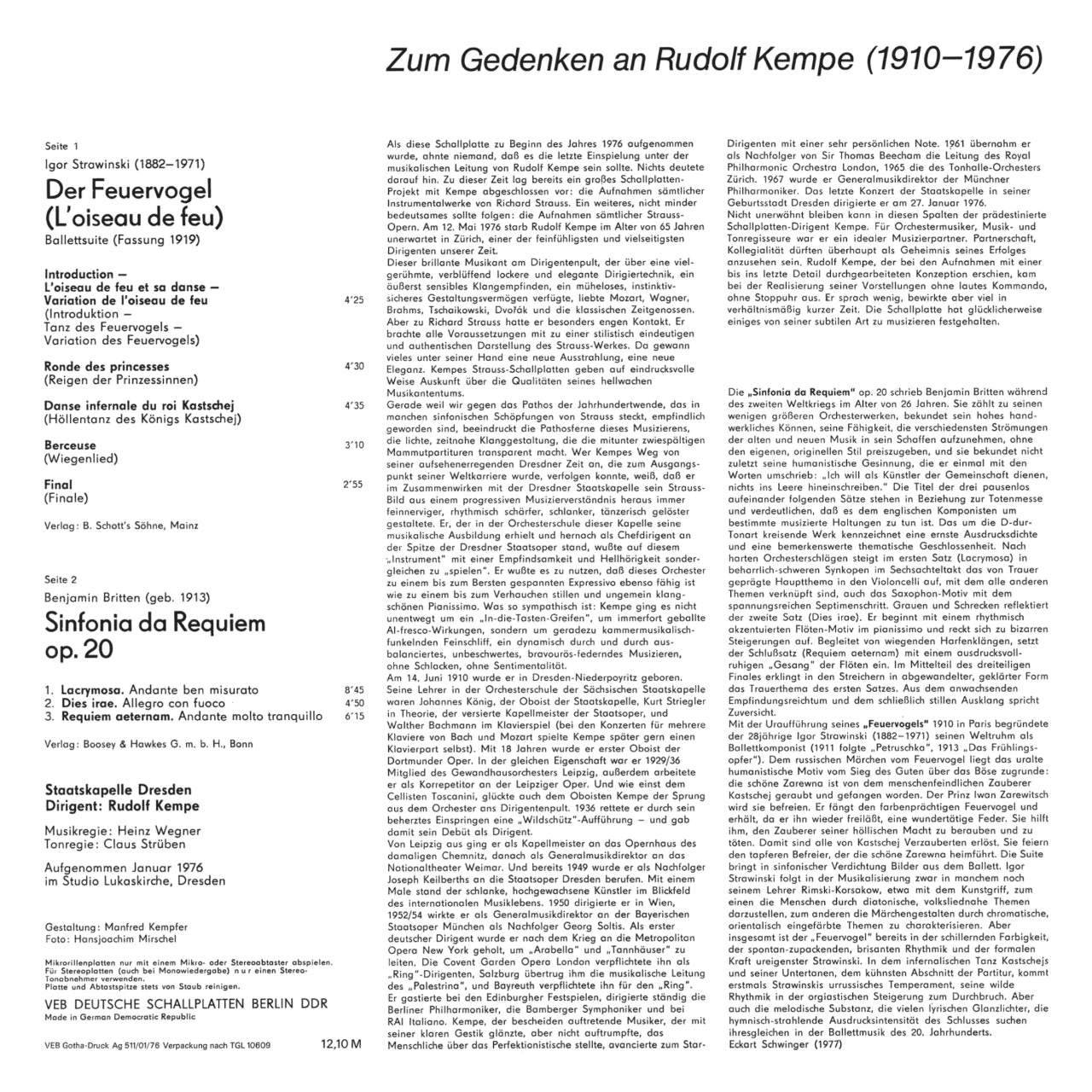 Revox Master Tape, STRAWIŃSKI - DER FEUERVOGEL / BRITTEN - SINFONIA DA REQUIEM, OP. 20