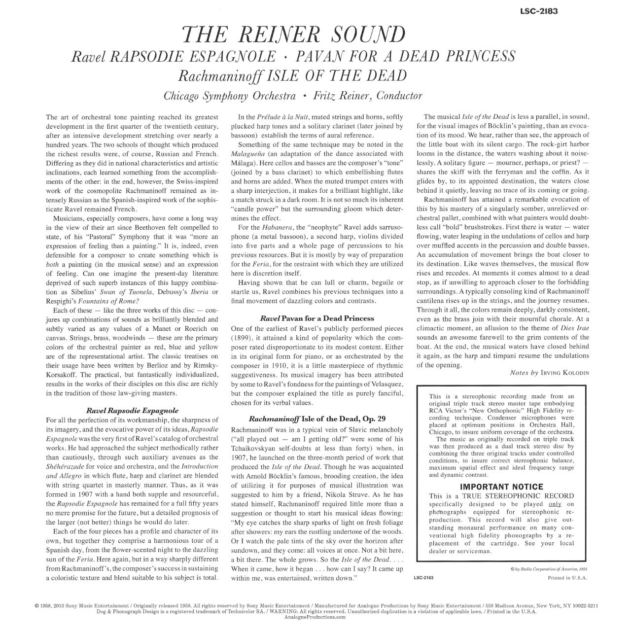 Revox Master Tape, THE REINER SOUND - MAURICE RAVEL / SERGEI RACHMANINOFF
