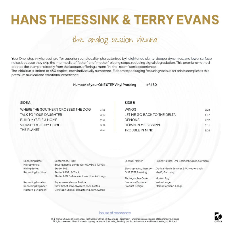 Horchhaus Master Vinyl, HANS THEESSINK & TERRY EVANS- THE ANALOG SESSION VIENNA