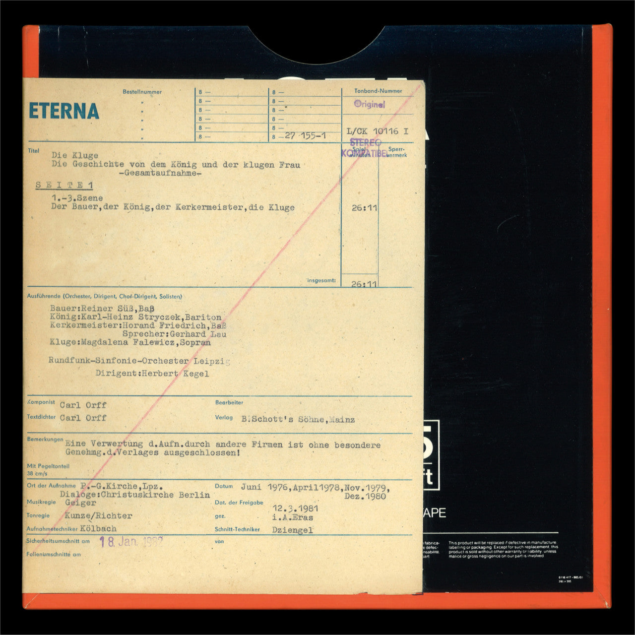 Revox Master Tape, CARL ORFF - DIE KLUGE (THE WISE GIRL)