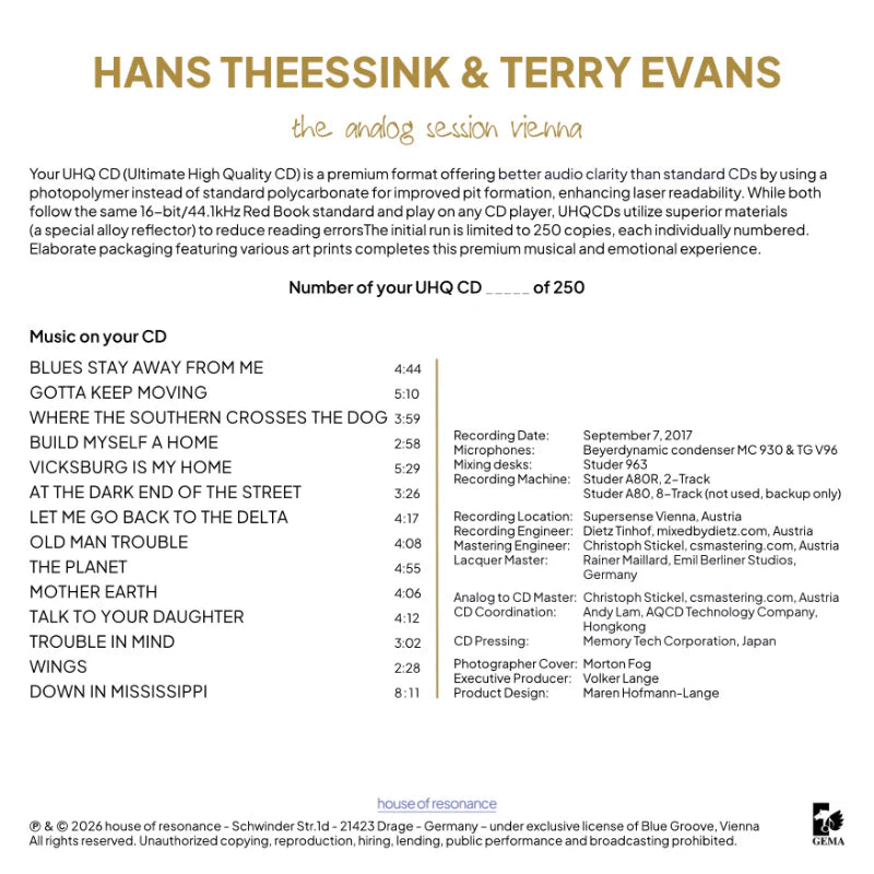 Horchhaus UHQ CD, HANS THEESSINK & TERRY EVANS- THE ANALOG SESSION VIENNA (Kopie)