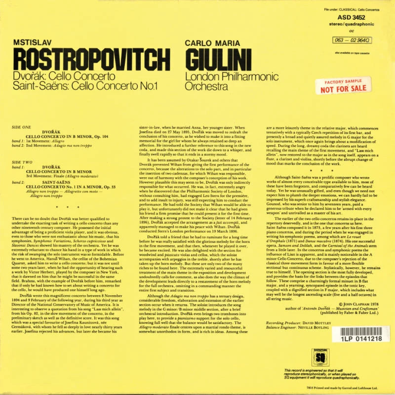 Revox Studio Master Tape, ROSTROPOVITCH & GUILINI - DVOŘÁK CELLO CONCERTO