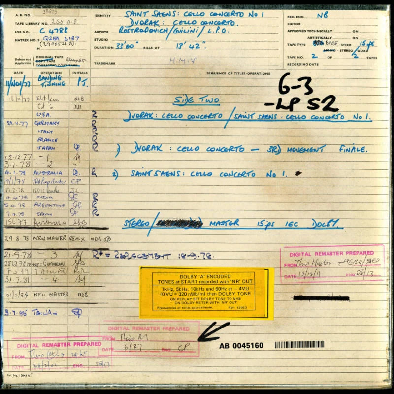 Revox Studio Master Tape, ROSTROPOVITCH & GUILINI - DVOŘÁK CELLO CONCERTO