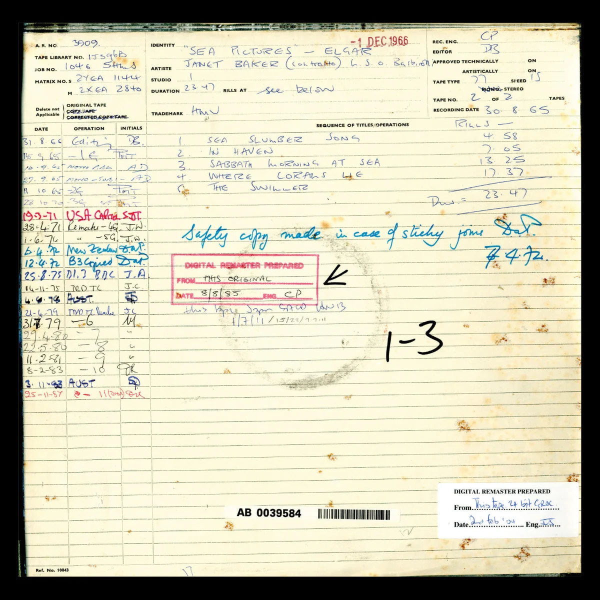 Revox Master Tape, EDWARD ELGAR - CELLO CONCERTO & SEA PICTURES