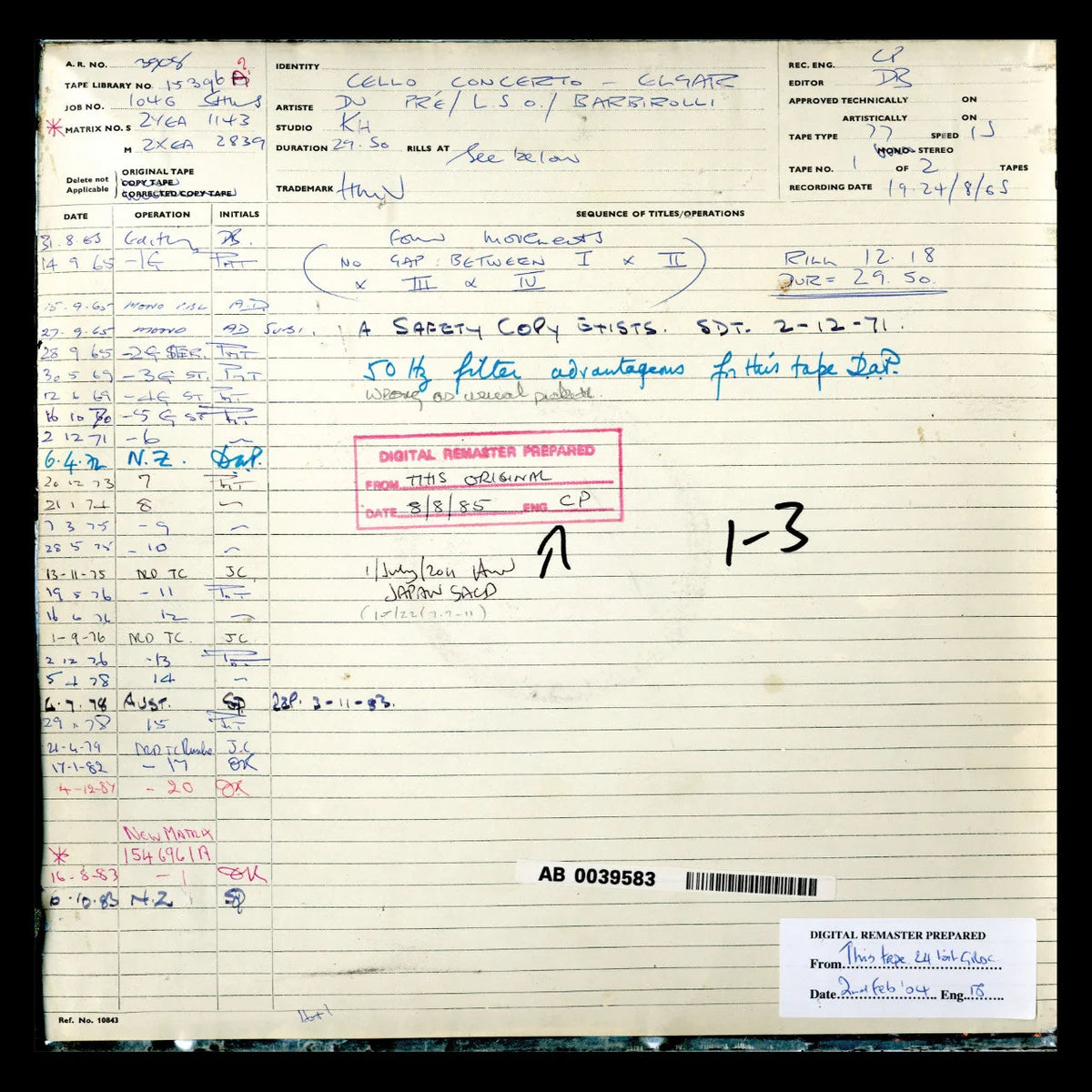 Revox Master Tape, EDWARD ELGAR - CELLO CONCERTO & SEA PICTURES