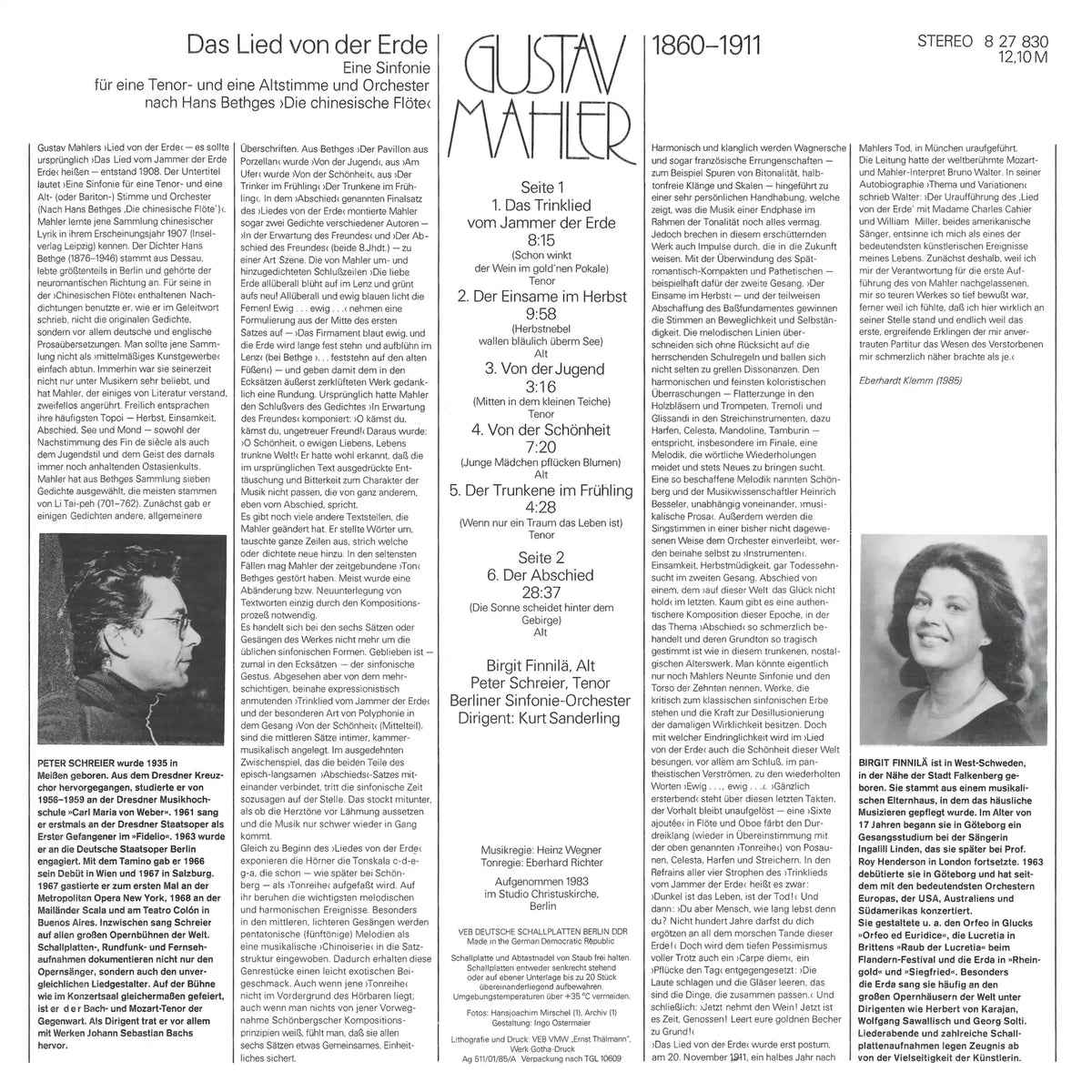 Revox Master Tape, GUSTAV MAHLER - DAS LIED VON DER ERDE