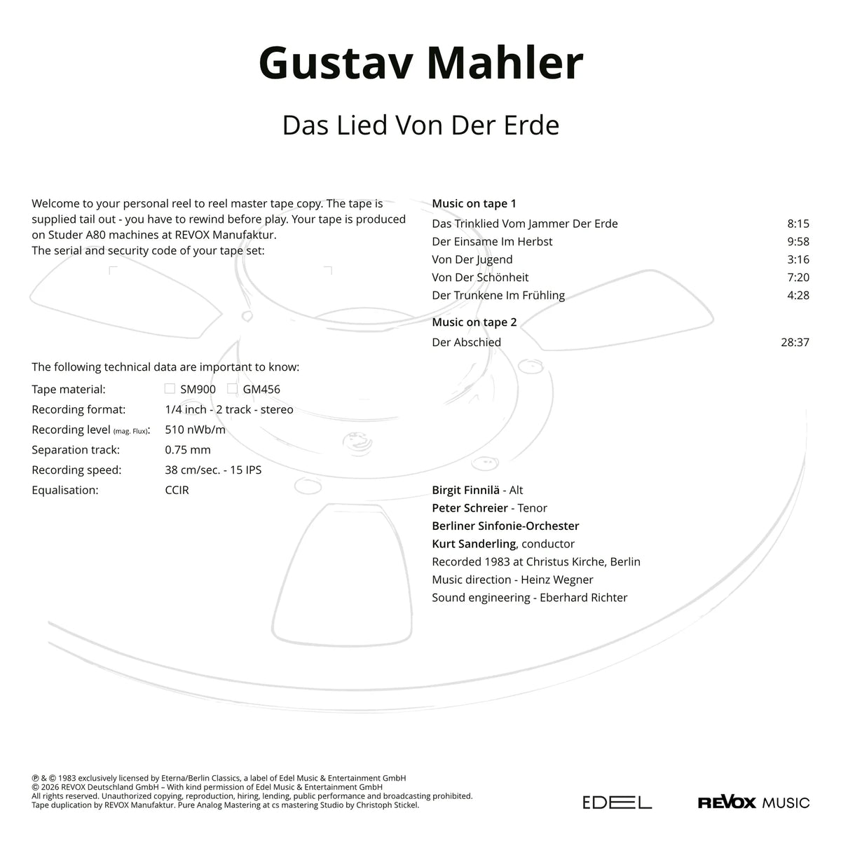 Revox Master Tape, GUSTAV MAHLER - DAS LIED VON DER ERDE