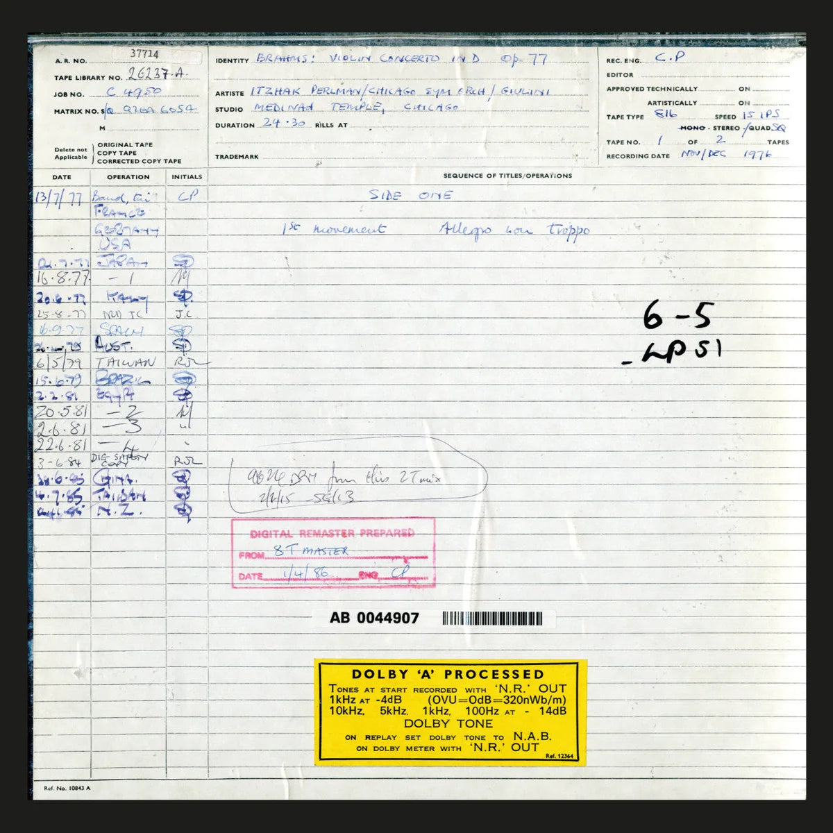 Revox Master Tape, ITZHAK PERLMANN - BRAHMS CONCERTO POUR VIOLON