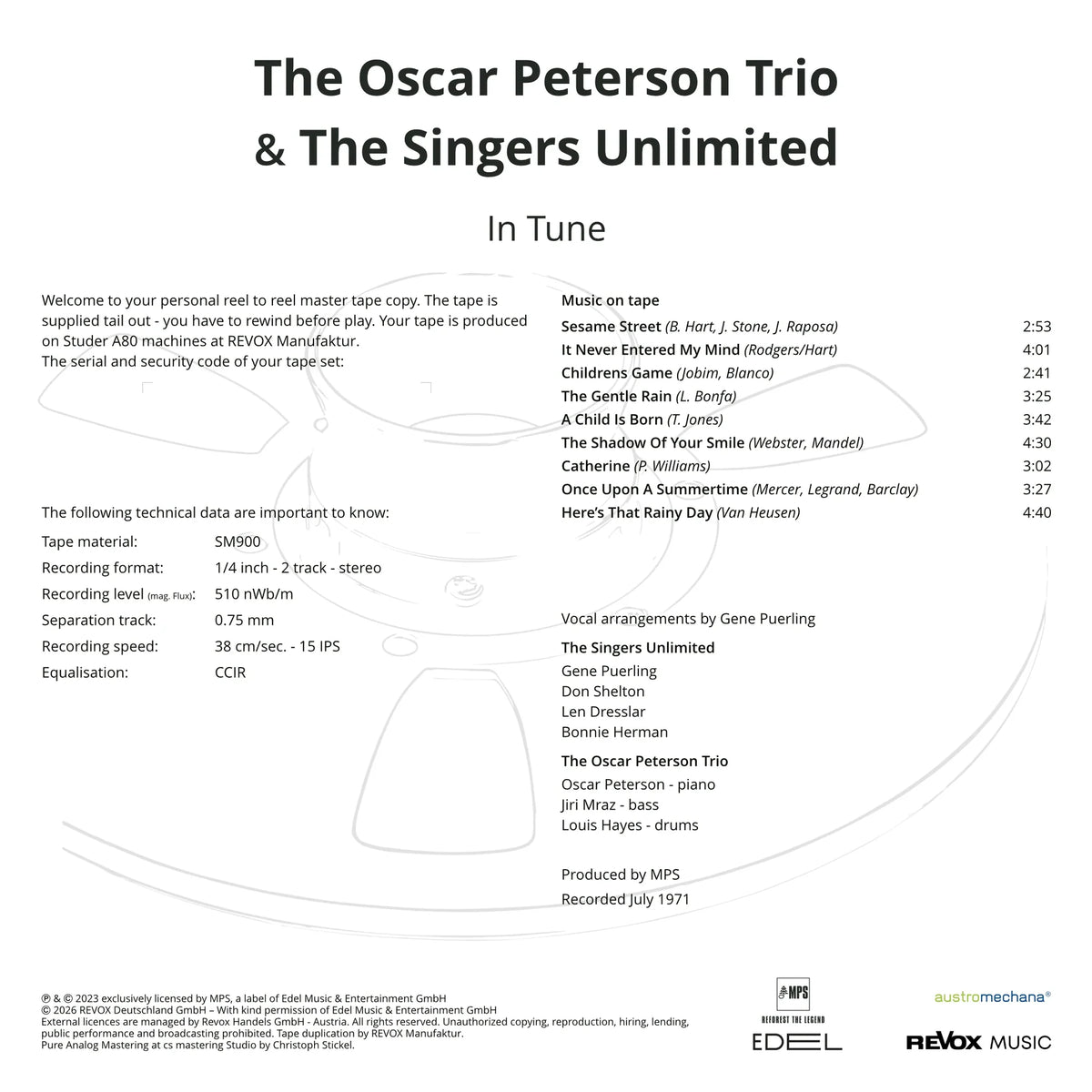 Revox Master Tape, OSCAR PETERSON - THE SINGERS UNLIMITED - INTUNE