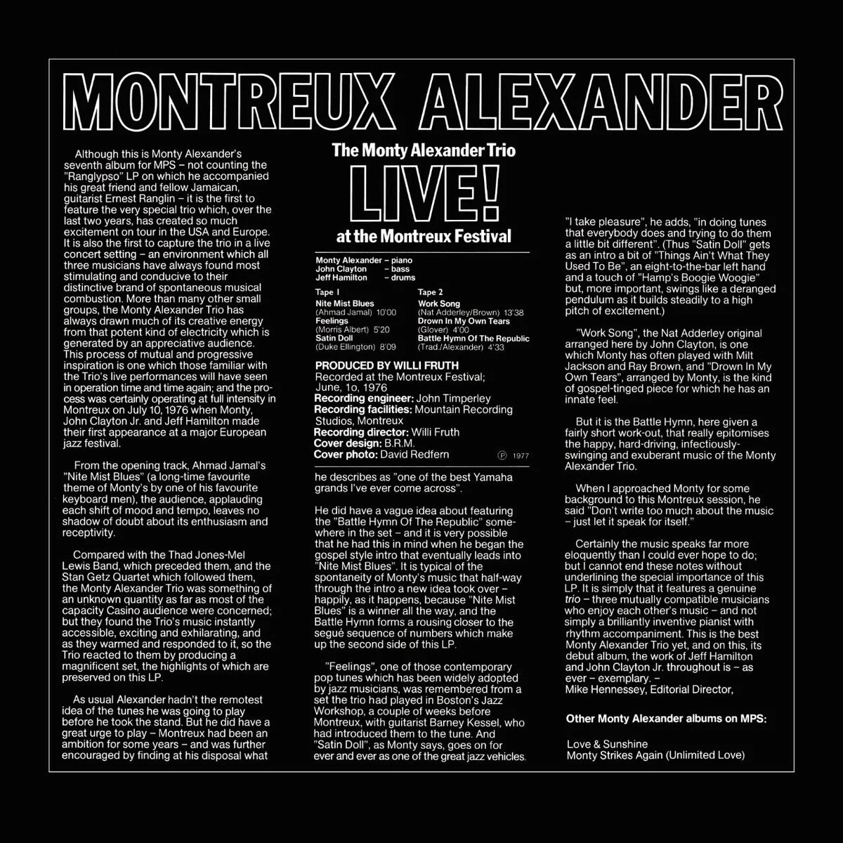Revox Master Tape, THE MONTY ALEXANDER TRIO - LIVE AT THE MONTREUX FESTIVAL