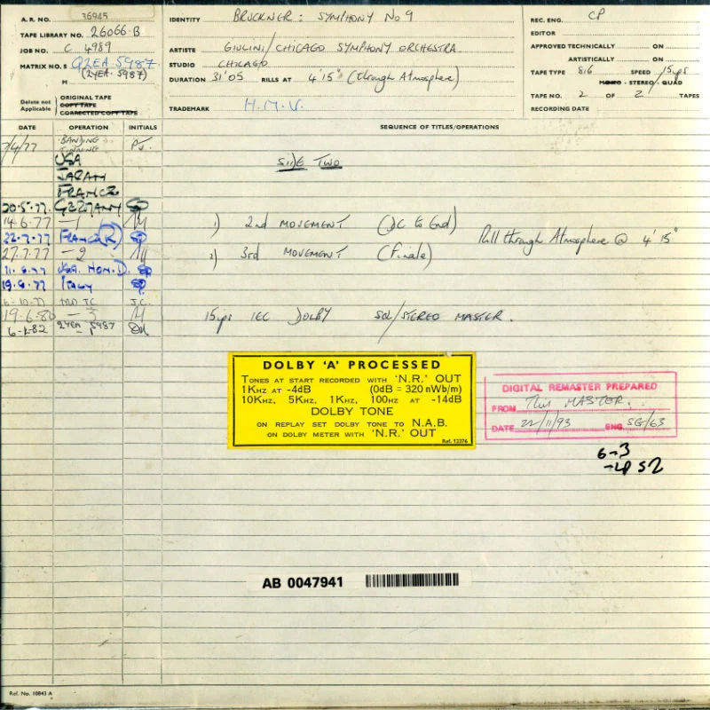 Revox Studio Master Tape, ANTON BRUCKNER - SYMPHONY NO. 9