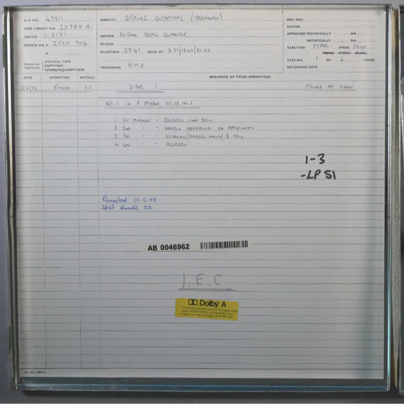 Revox Studio Master Tape, ALBAN BERG QUARTETT - BEETHOVEN DIE FRÜHEN STREICHQUARTETTE