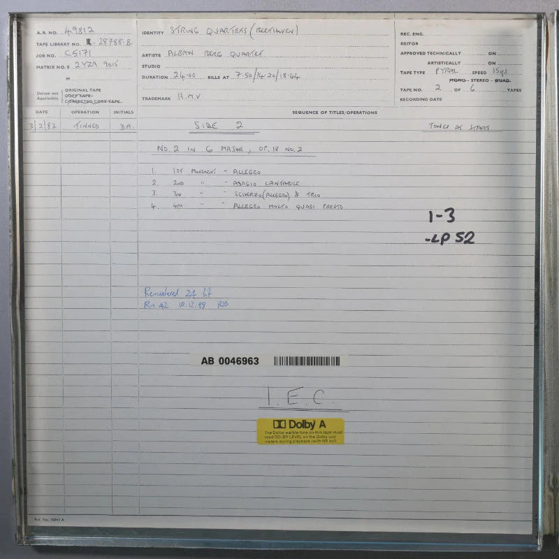 Revox Studio Master Tape, ALBAN BERG QUARTETT - BEETHOVEN DIE FRÜHEN STREICHQUARTETTE