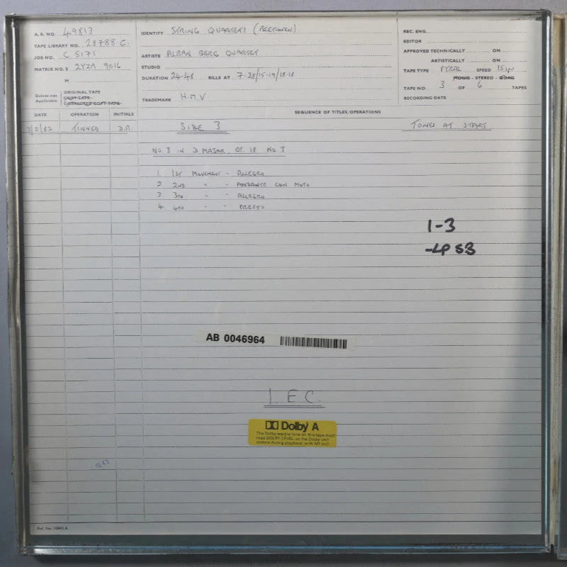 Revox Studio Master Tape, ALBAN BERG QUARTETT - BEETHOVEN DIE FRÜHEN STREICHQUARTETTE