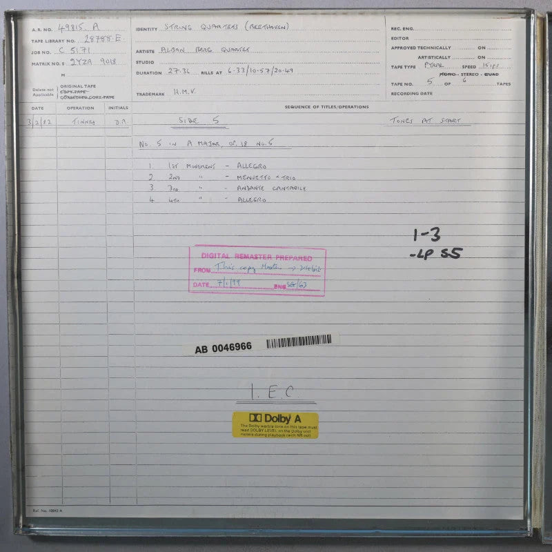 Revox Studio Master Tape, ALBAN BERG QUARTETT - BEETHOVEN DIE FRÜHEN STREICHQUARTETTE