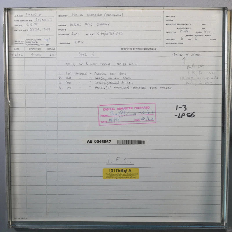 Revox Studio Master Tape, ALBAN BERG QUARTETT - BEETHOVEN DIE FRÜHEN STREICHQUARTETTE