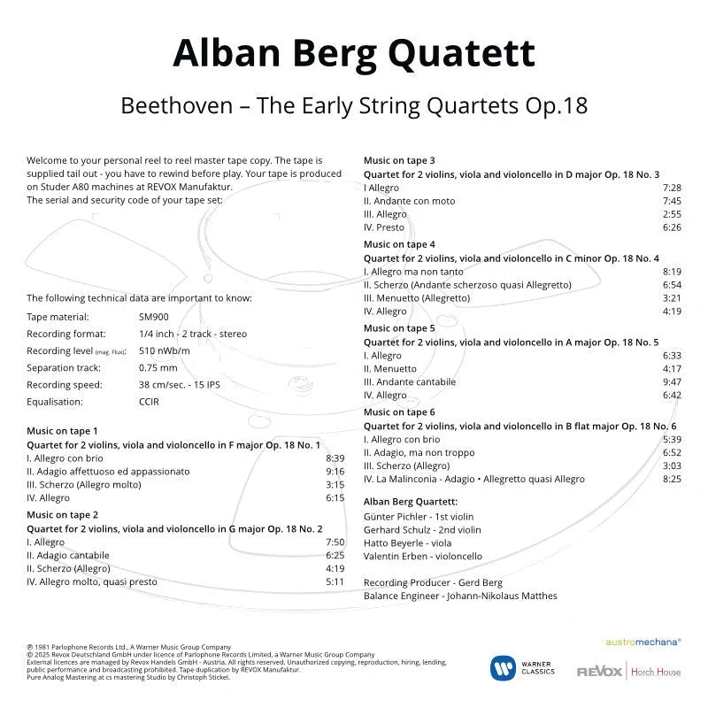Revox Studio Master Tape, ALBAN BERG QUARTETT - BEETHOVEN DIE FRÜHEN STREICHQUARTETTE
