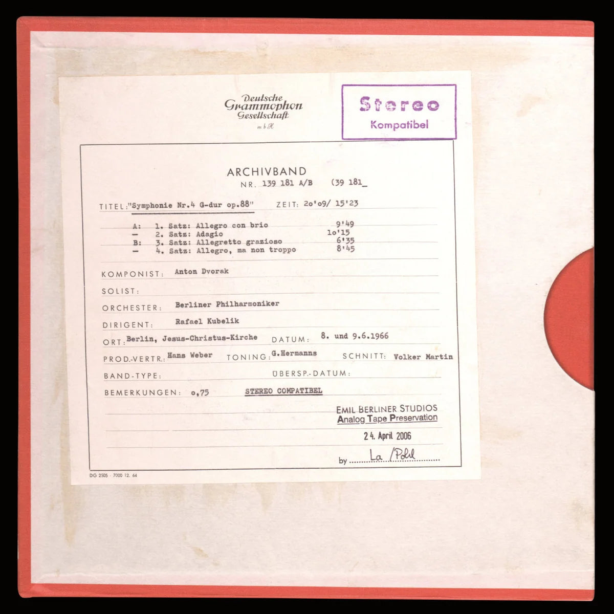 Revox Master Tape, ANTONÍN DVOŘÁK - SYMPHONIE NR. 8
